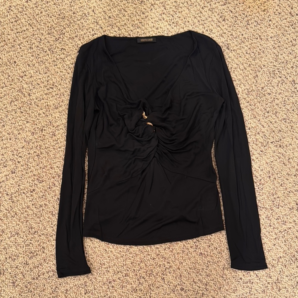 Roberto Cavalli Black Long Sleeve Shirt with Snake Brooch Size 46